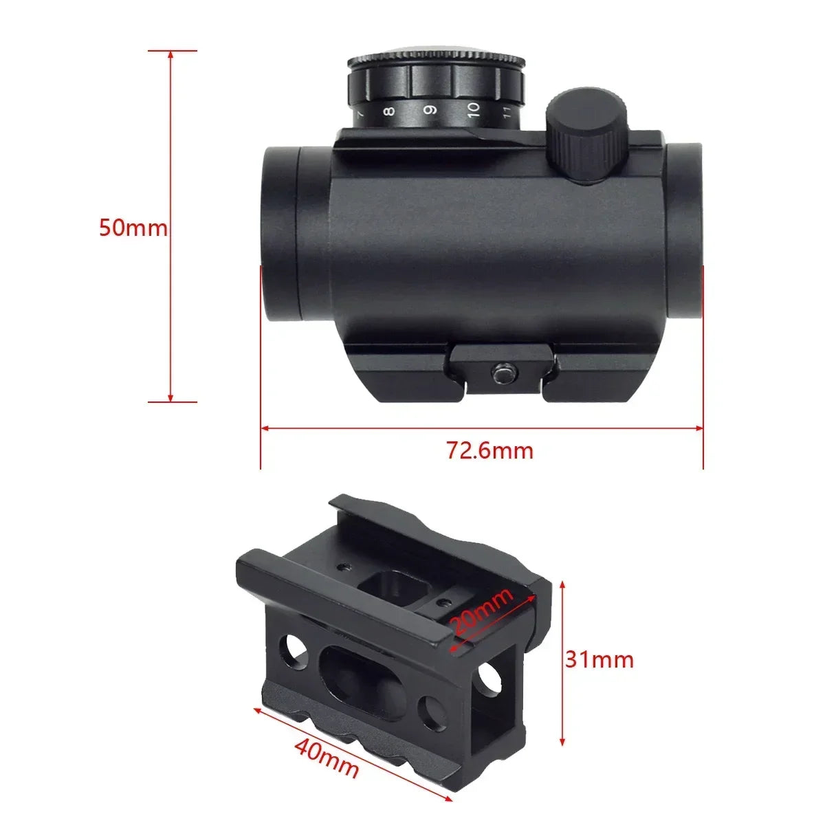 Tactical 1x20 2MOA Red Dot Sight Scope Holographic Reflex With 1 inch Riser Mount 20mm Rail For Airsoft Hunting Gun Accessories